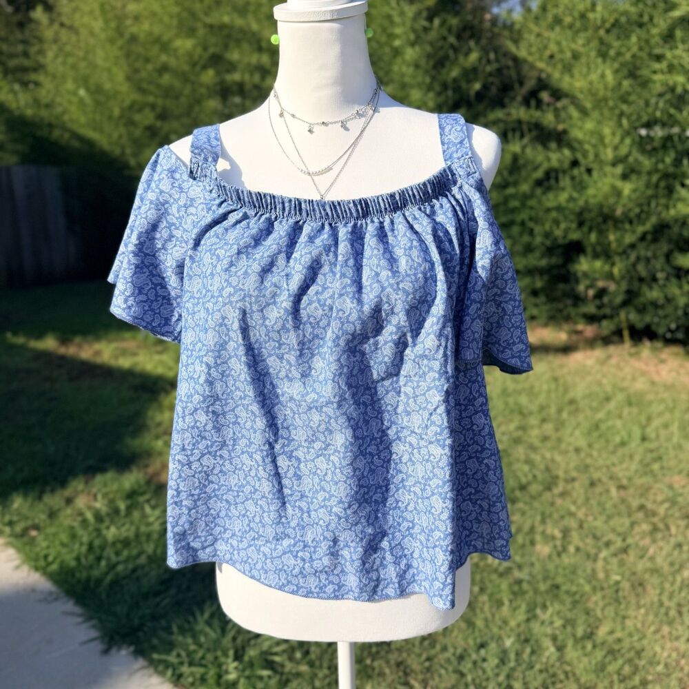 Blue Paisley Cold Shoulder Top Boho Blouse See You Monday L Loose Fit Festival